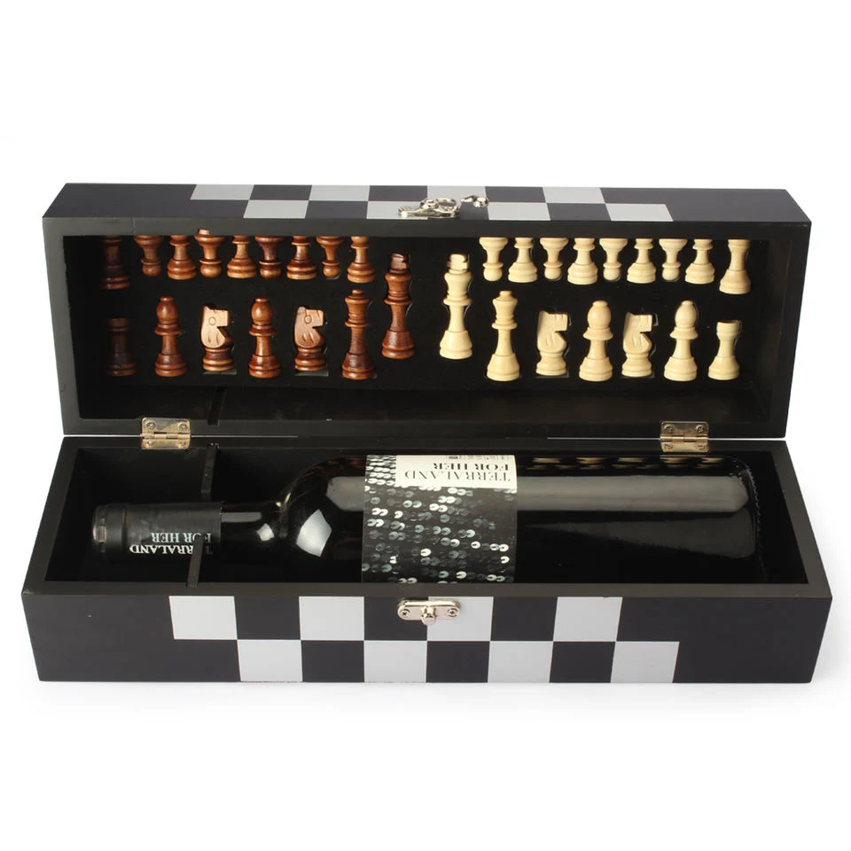 New Wooden Chess Game Wine Bottle Box Wine Storage Box with Accessories Chess Game Gift Set