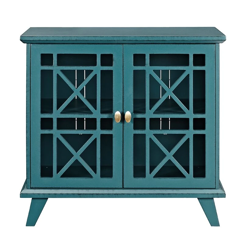 Modern Antique Furniture Blue Painting 2 Door Accent Storage Cabinet Living Room Furniture with Glass Door