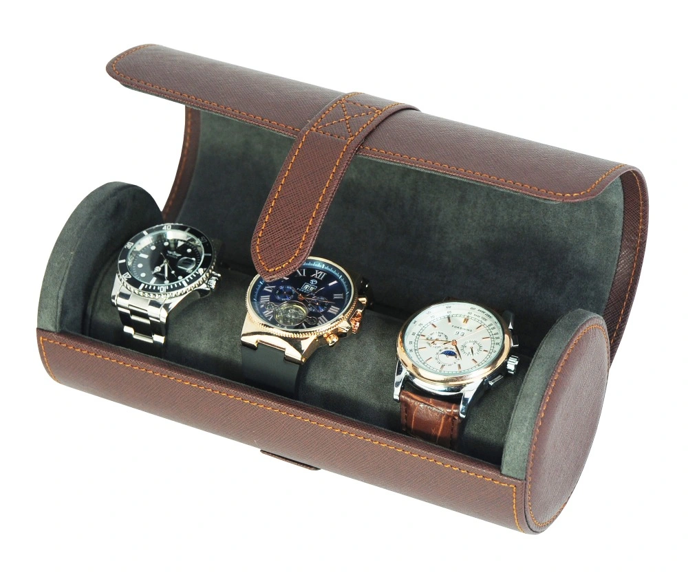 Wholesale Bulk 3slots PU Leatherette Brown Roll Watch Organizer Storage