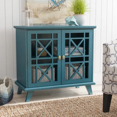 Modern Antique Furniture Blue Painting 2 Door Accent Storage Cabinet Living Room Furniture with Glass Door